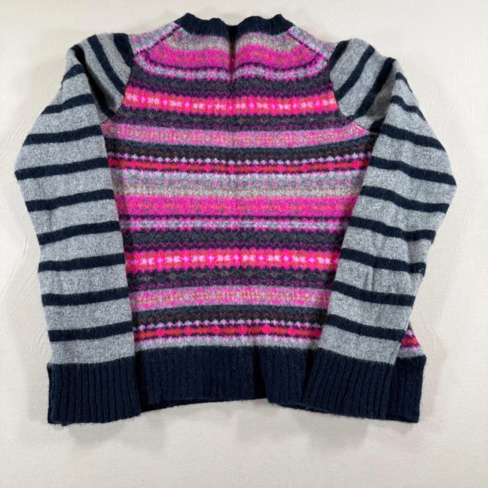 Crewcuts J‎ Crew Kids Fair Isle Striped Wool Sweater Pink Grey Fits 7/8